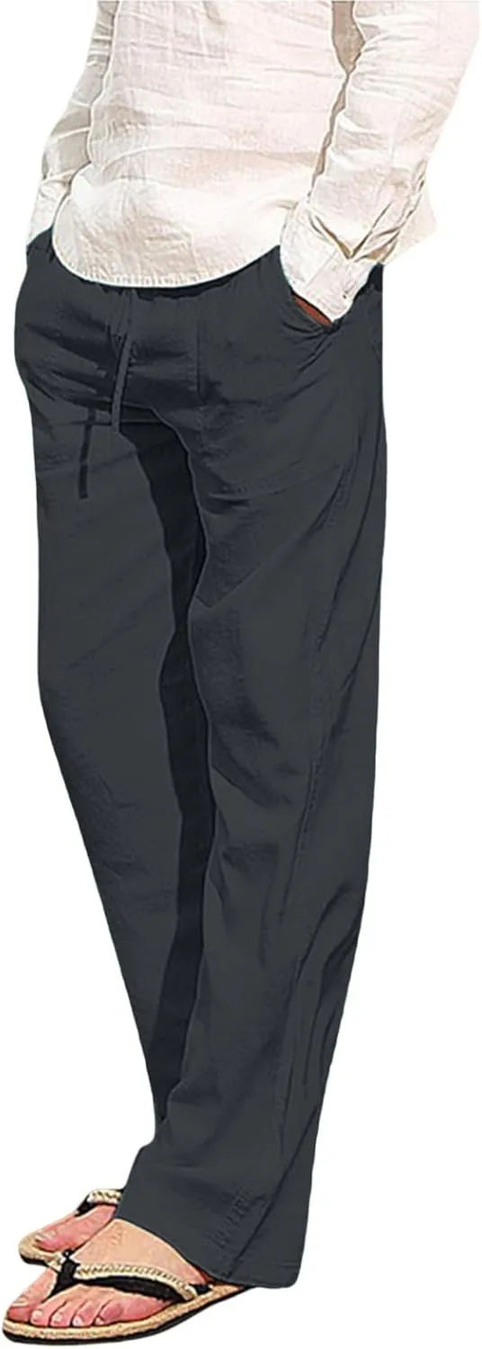 Mens Beach Linen Pants Casual Loose Fit Cotton Linen Pants Elastic Waist Straight Legs Summer Linen Pants with Pocket