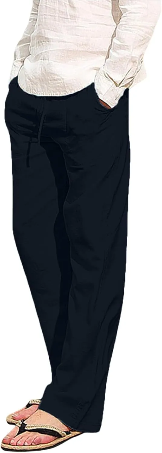 Mens Beach Linen Pants Casual Loose Fit Cotton Linen Pants Elastic Waist Straight Legs Summer Linen Pants with Pocket