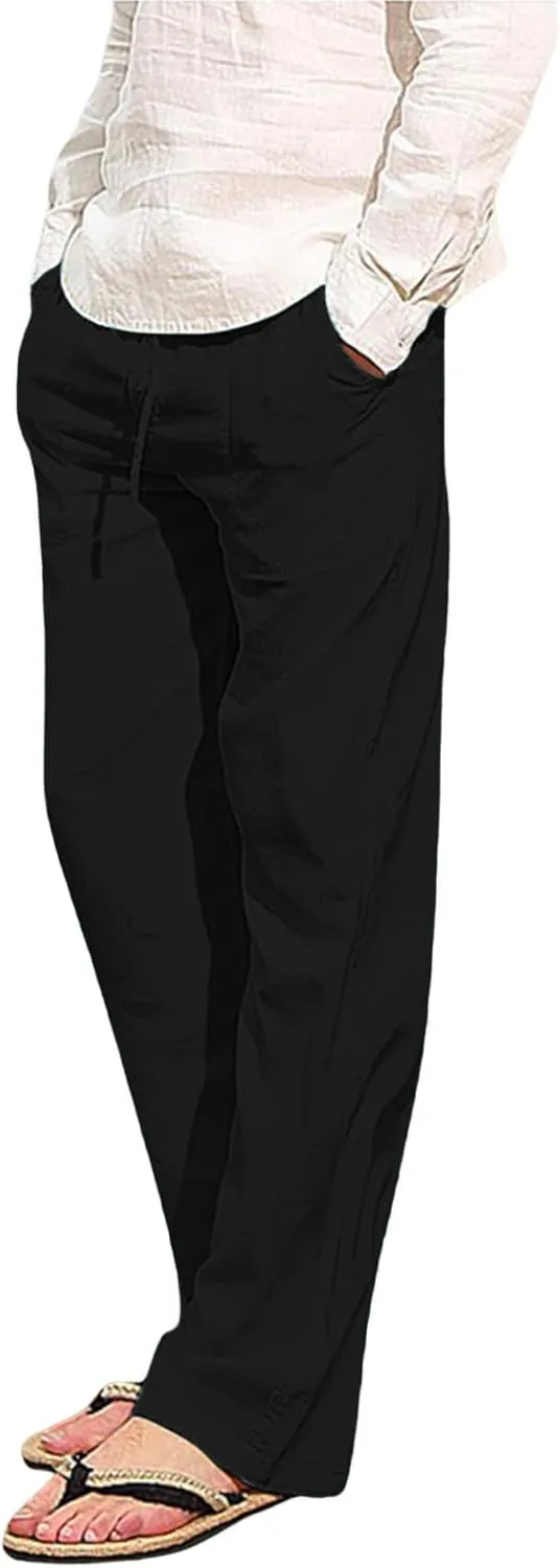 Mens Beach Linen Pants Casual Loose Fit Cotton Linen Pants Elastic Waist Straight Legs Summer Linen Pants with Pocket