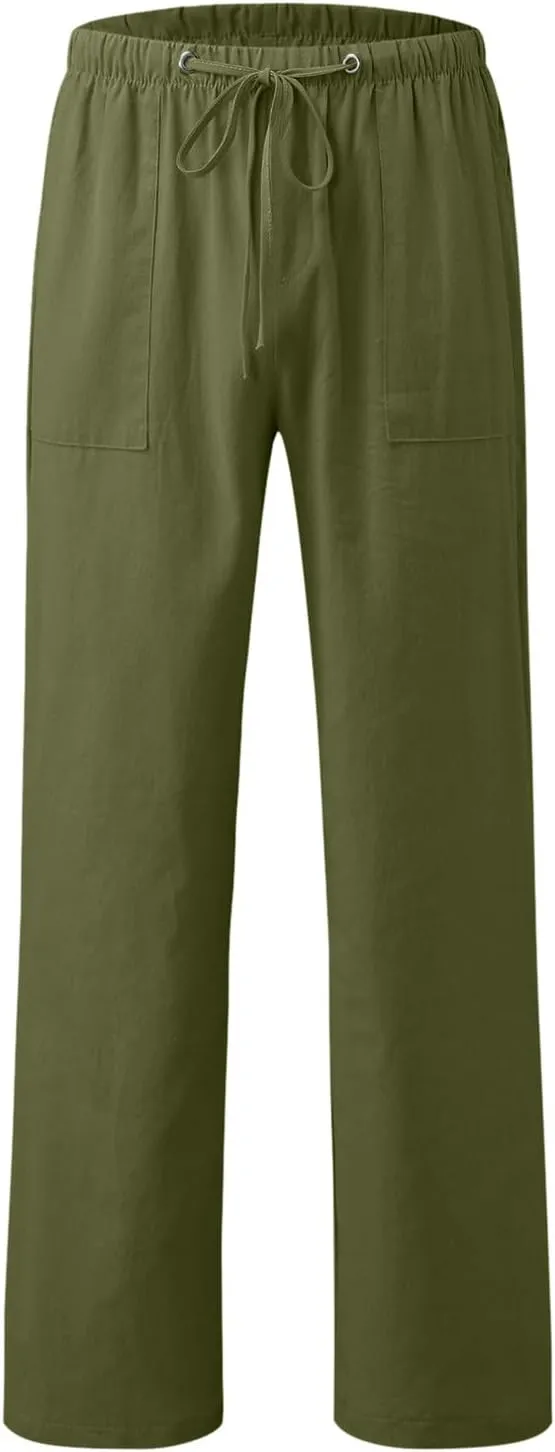 Mens Beach Linen Pants Casual Loose Fit Cotton Linen Pants Elastic Waist Straight Legs Summer Linen Pants with Pocket
