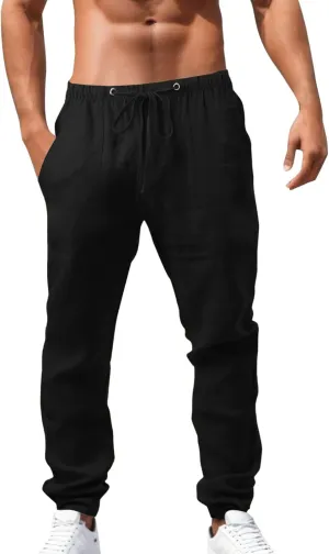Mens Beach Linen Pants Casual Loose Fit Cotton Linen Pants Elastic Waist Straight Legs Summer Linen Pants with Pocket