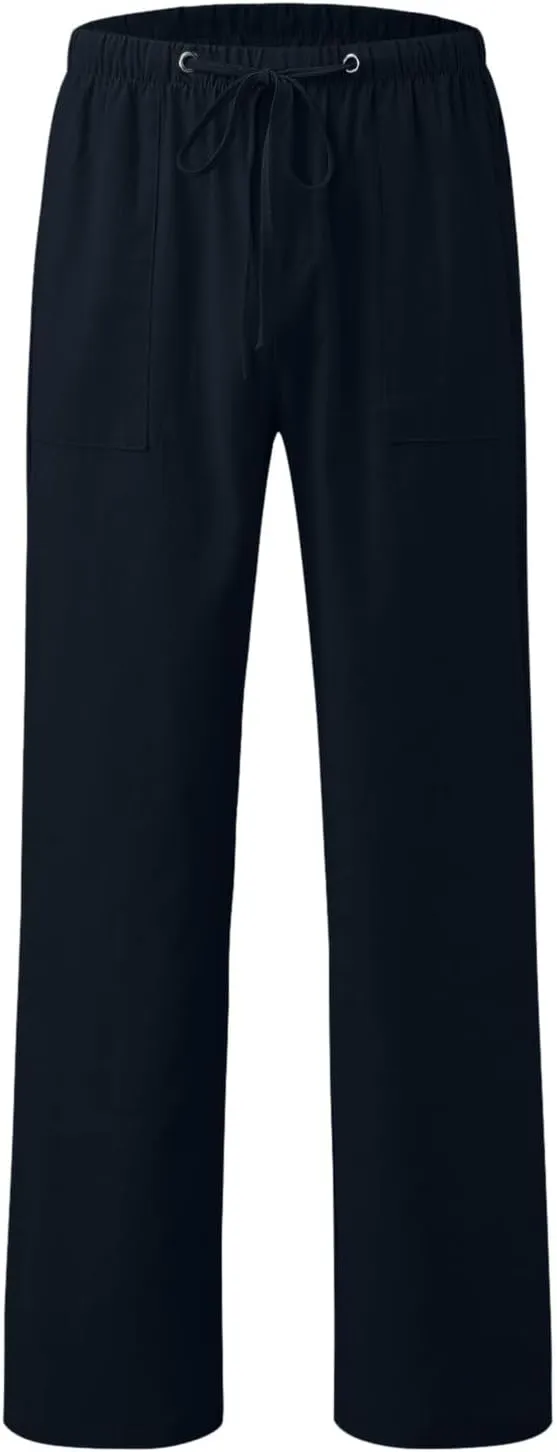 Mens Beach Linen Pants Casual Loose Fit Cotton Linen Pants Elastic Waist Straight Legs Summer Linen Pants with Pocket