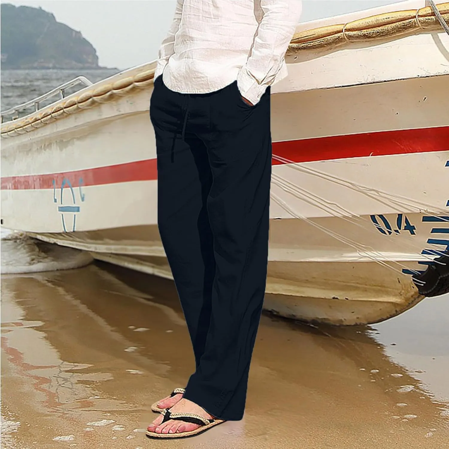 Mens Beach Linen Pants Casual Loose Fit Cotton Linen Pants Elastic Waist Straight Legs Summer Linen Pants with Pocket