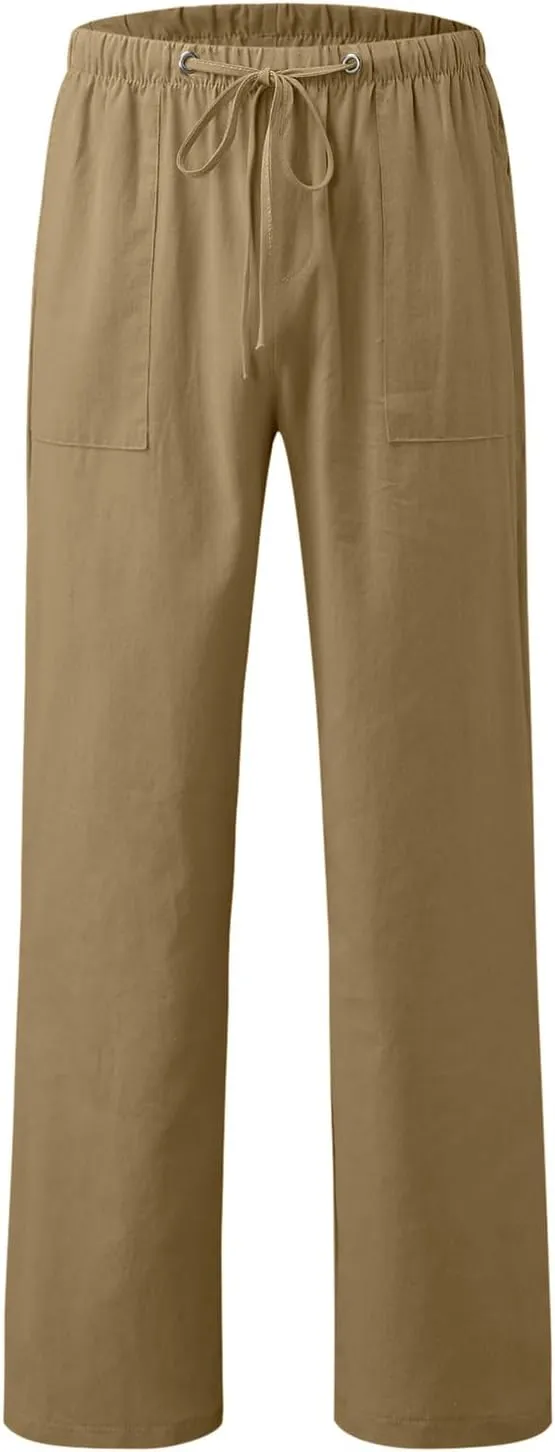 Mens Beach Linen Pants Casual Loose Fit Cotton Linen Pants Elastic Waist Straight Legs Summer Linen Pants with Pocket