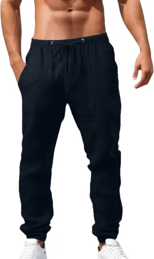 Mens Beach Linen Pants Casual Loose Fit Cotton Linen Pants Elastic Waist Straight Legs Summer Linen Pants with Pocket