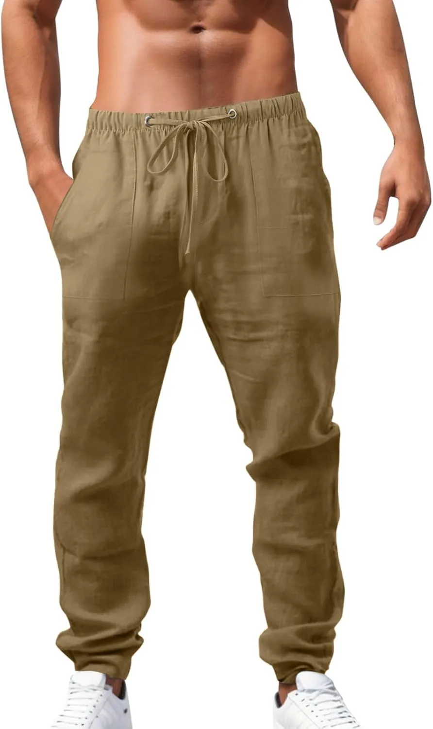Mens Beach Linen Pants Casual Loose Fit Cotton Linen Pants Elastic Waist Straight Legs Summer Linen Pants with Pocket