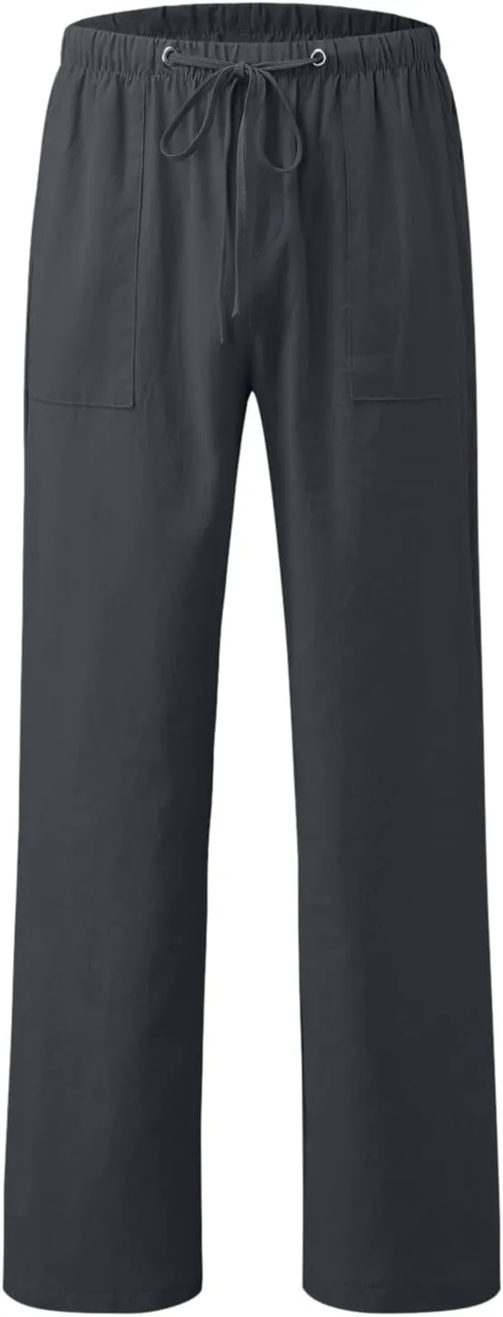 Mens Beach Linen Pants Casual Loose Fit Cotton Linen Pants Elastic Waist Straight Legs Summer Linen Pants with Pocket