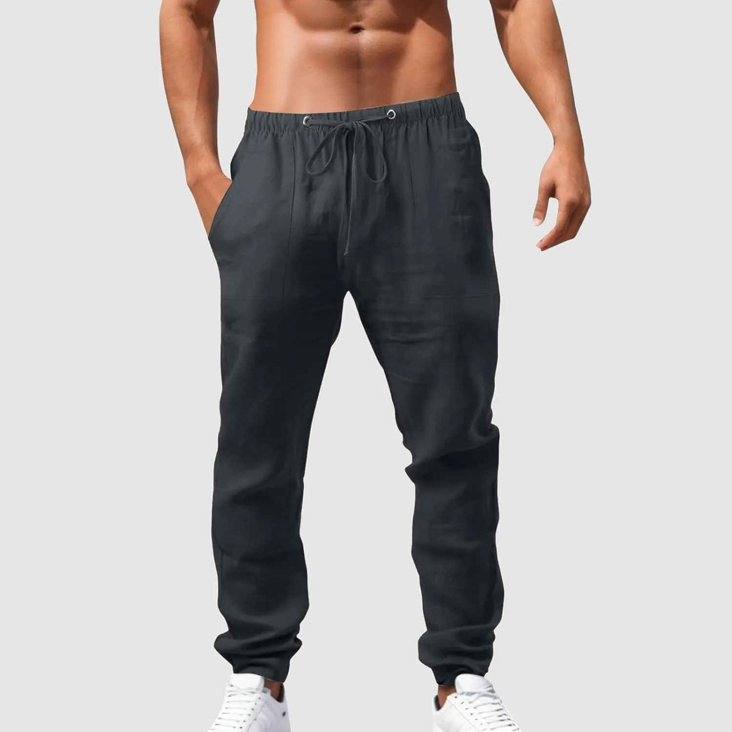 Mens Beach Linen Pants Casual Loose Fit Cotton Linen Pants Elastic Waist Straight Legs Summer Linen Pants with Pocket