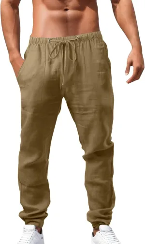 Mens Beach Linen Pants Casual Loose Fit Cotton Linen Pants Elastic Waist Straight Legs Summer Linen Pants with Pocket