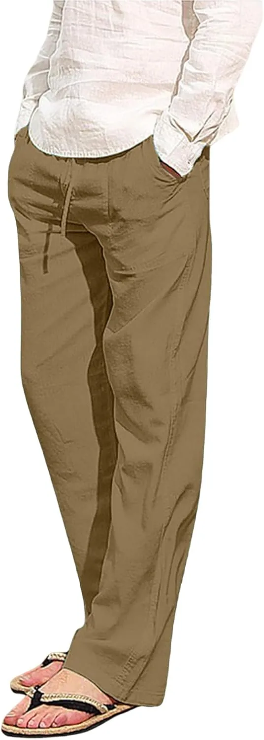 Mens Beach Linen Pants Casual Loose Fit Cotton Linen Pants Elastic Waist Straight Legs Summer Linen Pants with Pocket