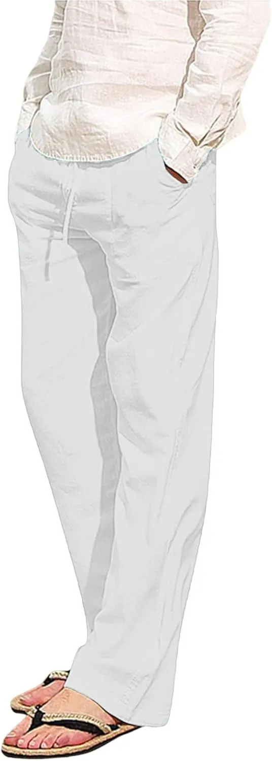 Mens Beach Linen Pants Casual Loose Fit Cotton Linen Pants Elastic Waist Straight Legs Summer Linen Pants with Pocket