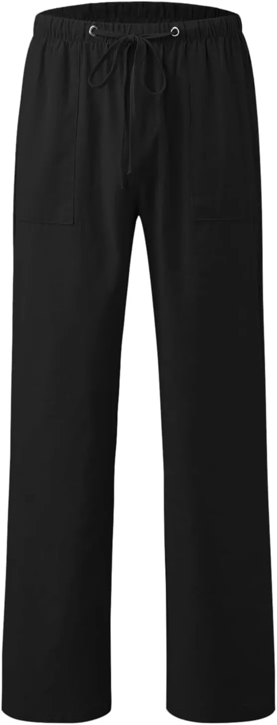 Mens Beach Linen Pants Casual Loose Fit Cotton Linen Pants Elastic Waist Straight Legs Summer Linen Pants with Pocket