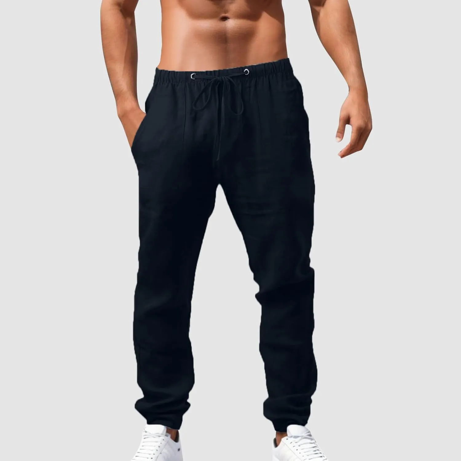 Mens Beach Linen Pants Casual Loose Fit Cotton Linen Pants Elastic Waist Straight Legs Summer Linen Pants with Pocket