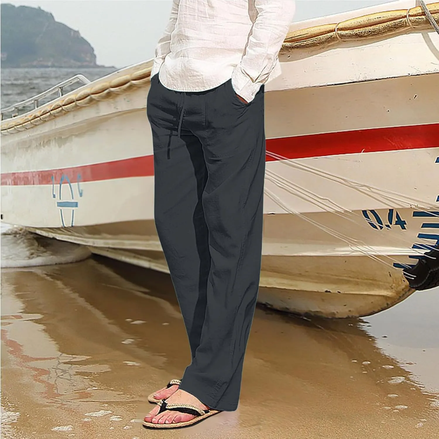 Mens Beach Linen Pants Casual Loose Fit Cotton Linen Pants Elastic Waist Straight Legs Summer Linen Pants with Pocket