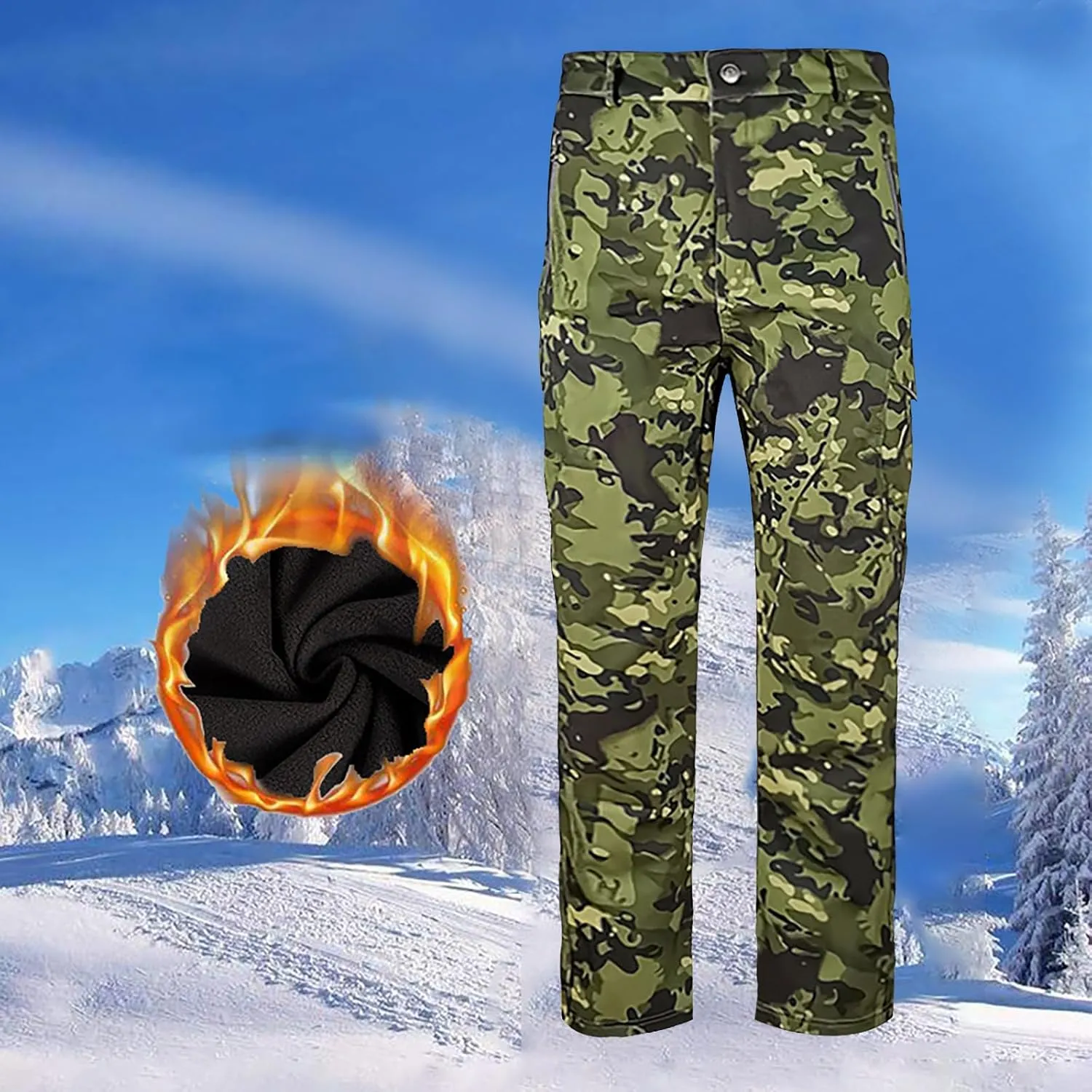 Mens Camo Pants Flexcamo - Tactical Waterproof Cargo Pants Fleece Lined Military Work Pants Warm Winter Hiking Pants