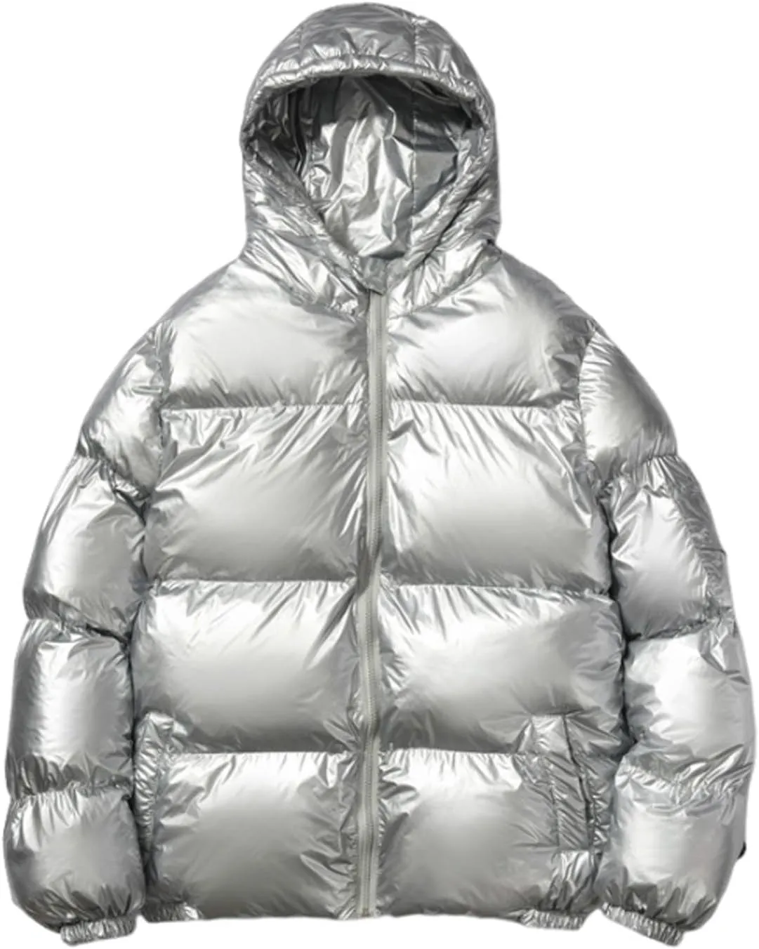 Men's Casual Hooded Full Zip Metallic Shiny Short Bomber Alternative Down Coat Lightweight Warm Windproof Puffer Jacket