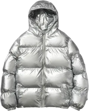 Men's Casual Hooded Full Zip Metallic Shiny Short Bomber Alternative Down Coat Lightweight Warm Windproof Puffer Jacket
