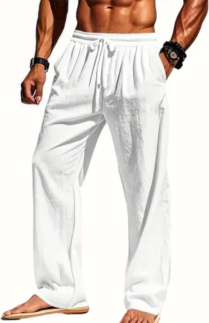Men's Casual Linen Pants Summer Beach Trousers Loose Fit Straight-Legs Elastic Drawstring Waist Yoga Trousers