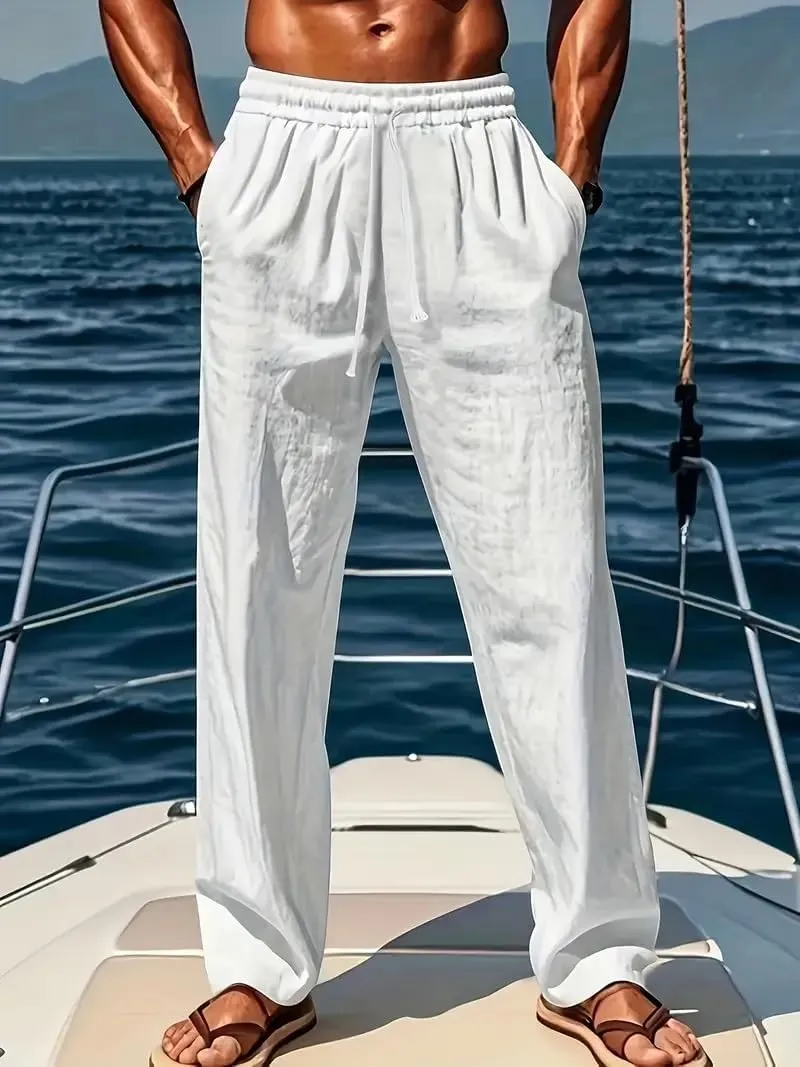 Men's Casual Linen Pants Summer Beach Trousers Loose Fit Straight-Legs Elastic Drawstring Waist Yoga Trousers