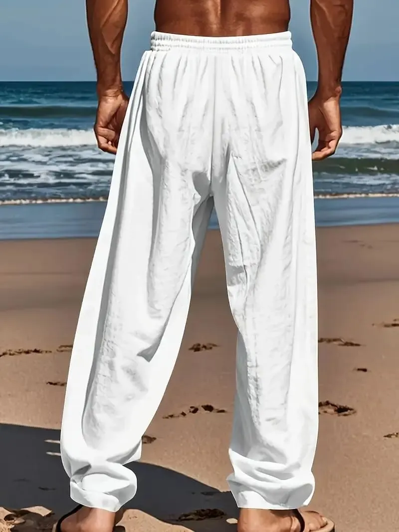 Men's Casual Linen Pants Summer Beach Trousers Loose Fit Straight-Legs Elastic Drawstring Waist Yoga Trousers