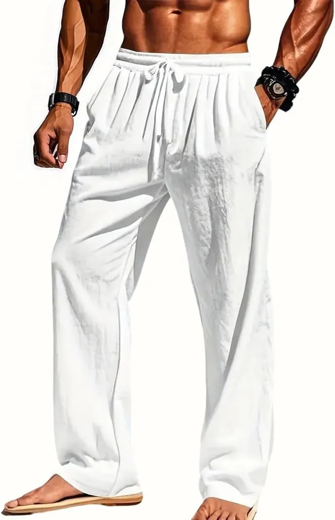 Men's Casual Linen Pants Summer Beach Trousers Loose Fit Straight-Legs Elastic Drawstring Waist Yoga Trousers