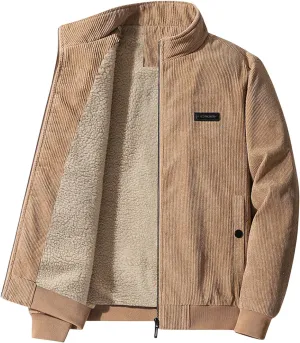 Mens Corduroy Shacket Jacket Casual Solid Color Overshirt Sherpa Lined Coats Outdoor Thicken Coat Full Zip Up with Pockets