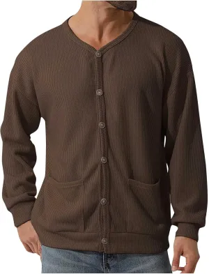 Men's Cotton Shawl-Collar Cardigan Sweater Long Sleeve Crewneck Button Down Outerwear Sweater Coat with Pockets