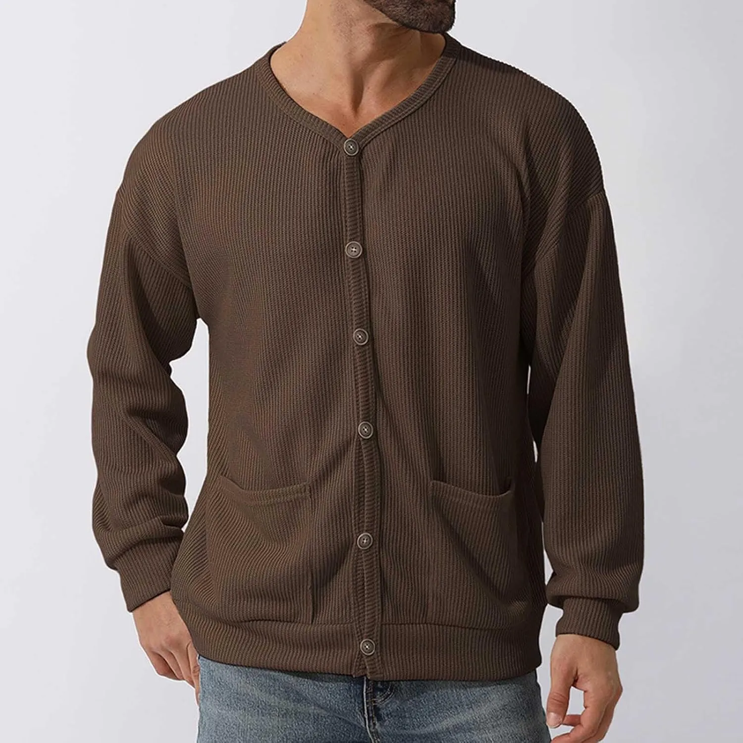Men's Cotton Shawl-Collar Cardigan Sweater Long Sleeve Crewneck Button Down Outerwear Sweater Coat with Pockets