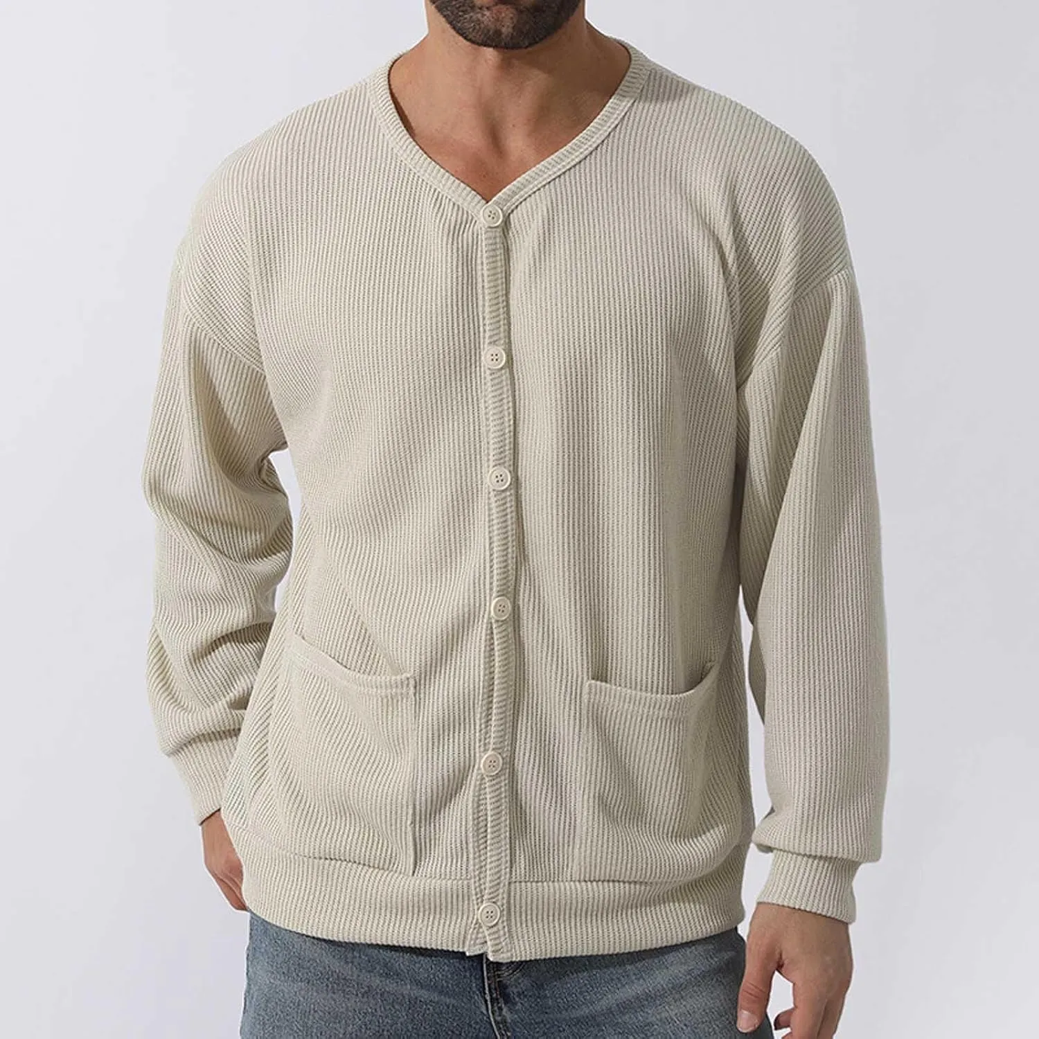 Men's Cotton Shawl-Collar Cardigan Sweater Long Sleeve Crewneck Button Down Outerwear Sweater Coat with Pockets