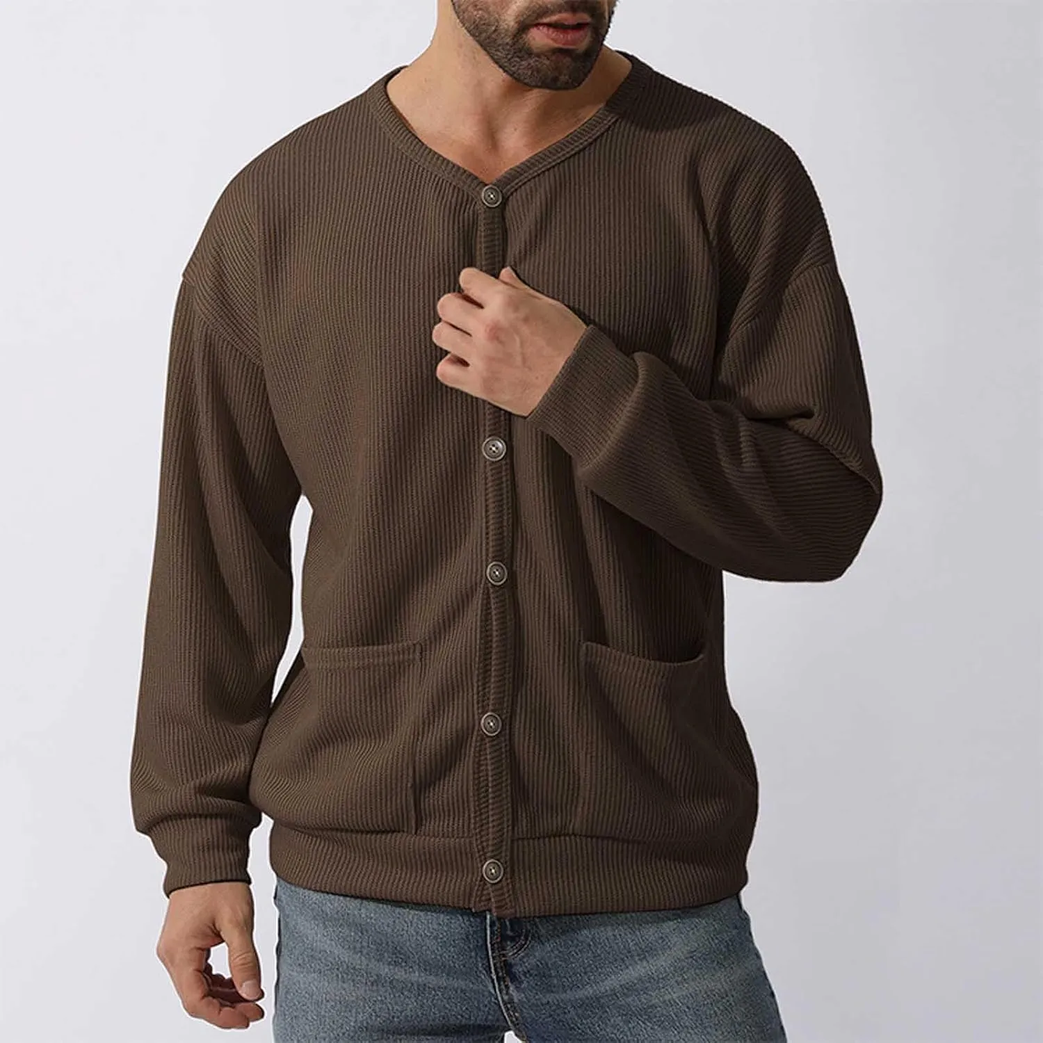 Men's Cotton Shawl-Collar Cardigan Sweater Long Sleeve Crewneck Button Down Outerwear Sweater Coat with Pockets