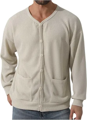Men's Cotton Shawl-Collar Cardigan Sweater Long Sleeve Crewneck Button Down Outerwear Sweater Coat with Pockets