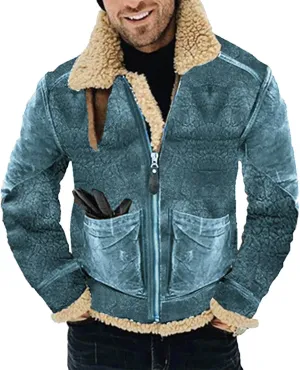 Mens Faux Suede Varsity Bomber Jacket Turn-Down Collar Zip Up Trucker Jackets Winter Warm Sherpa Lined Jacket Coats