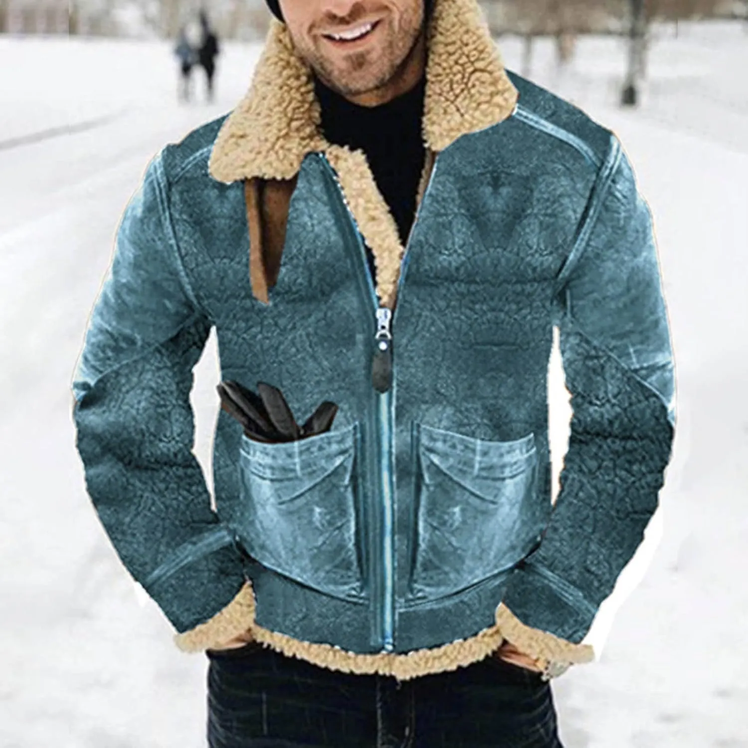 Mens Faux Suede Varsity Bomber Jacket Turn-Down Collar Zip Up Trucker Jackets Winter Warm Sherpa Lined Jacket Coats