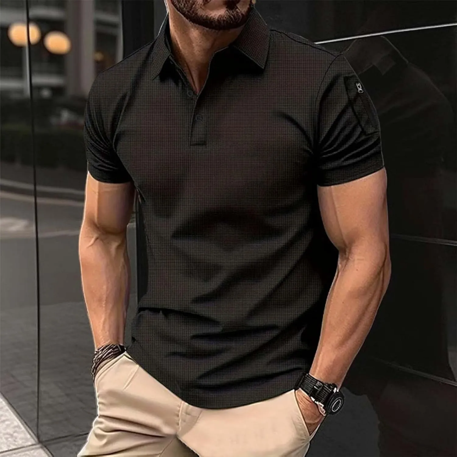 Men's Golf Polo Shirts Stylish Striped Texture Short Sleeve Smart Dress T-Shirt Athletic Polos Casual Collared Shirt
