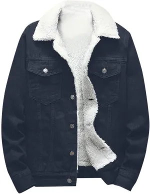 Men's Lapel Sherpa Lined Jean Jacket Winter Thick Warm Denim Trucker Jackets Fleece Jean Coat Outerwear with Pocket