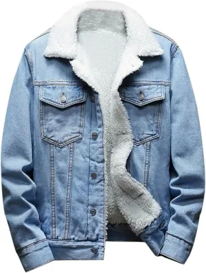 Men's Lapel Sherpa Lined Jean Jacket Winter Thick Warm Denim Trucker Jackets Fleece Jean Coat Outerwear with Pocket