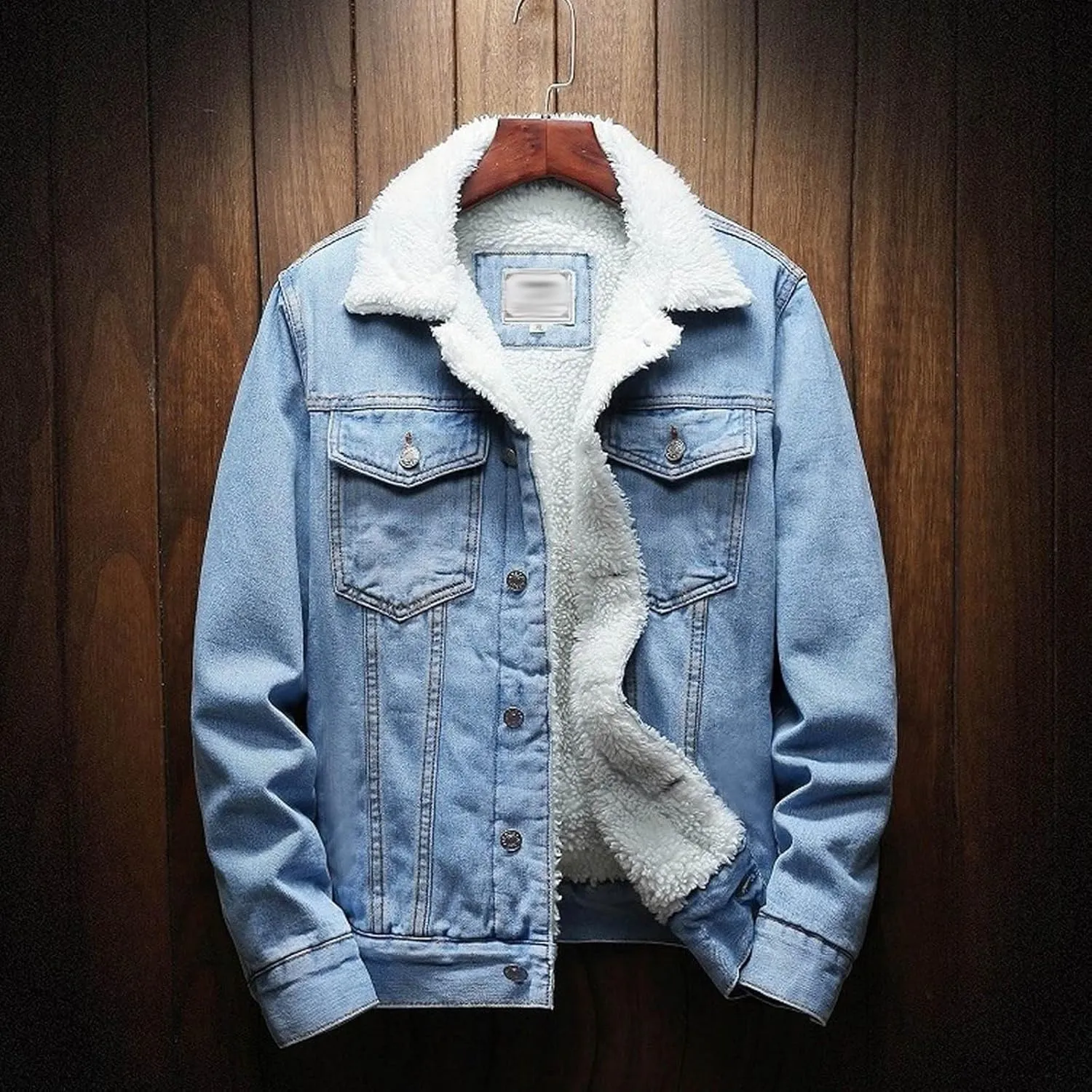 Men's Lapel Sherpa Lined Jean Jacket Winter Thick Warm Denim Trucker Jackets Fleece Jean Coat Outerwear with Pocket