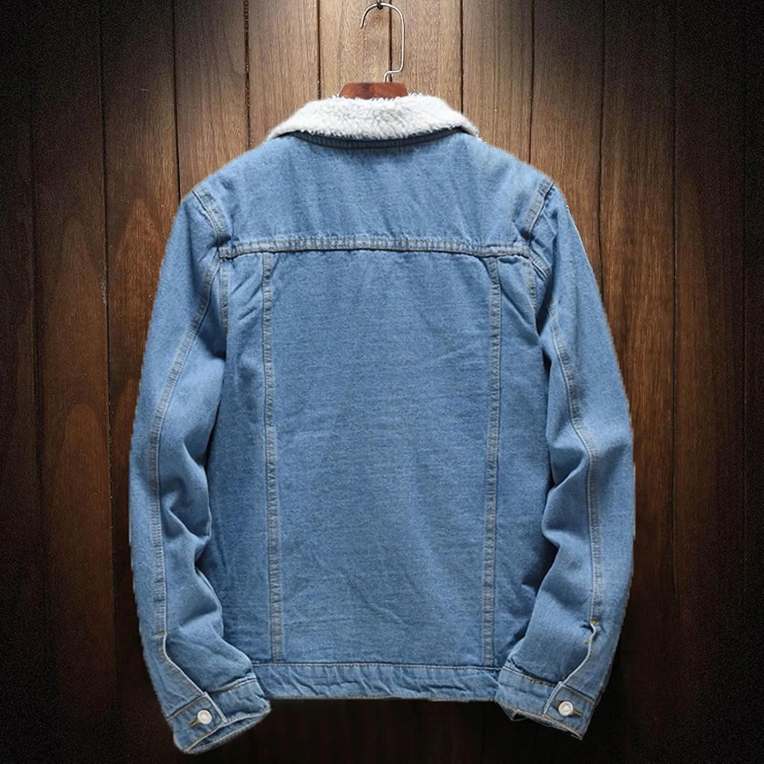 Men's Lapel Sherpa Lined Jean Jacket Winter Thick Warm Denim Trucker Jackets Fleece Jean Coat Outerwear with Pocket