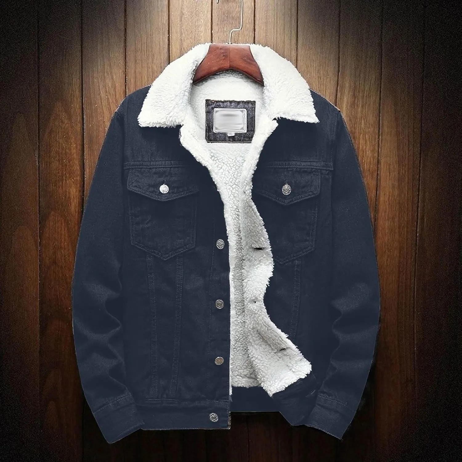 Men's Lapel Sherpa Lined Jean Jacket Winter Thick Warm Denim Trucker Jackets Fleece Jean Coat Outerwear with Pocket