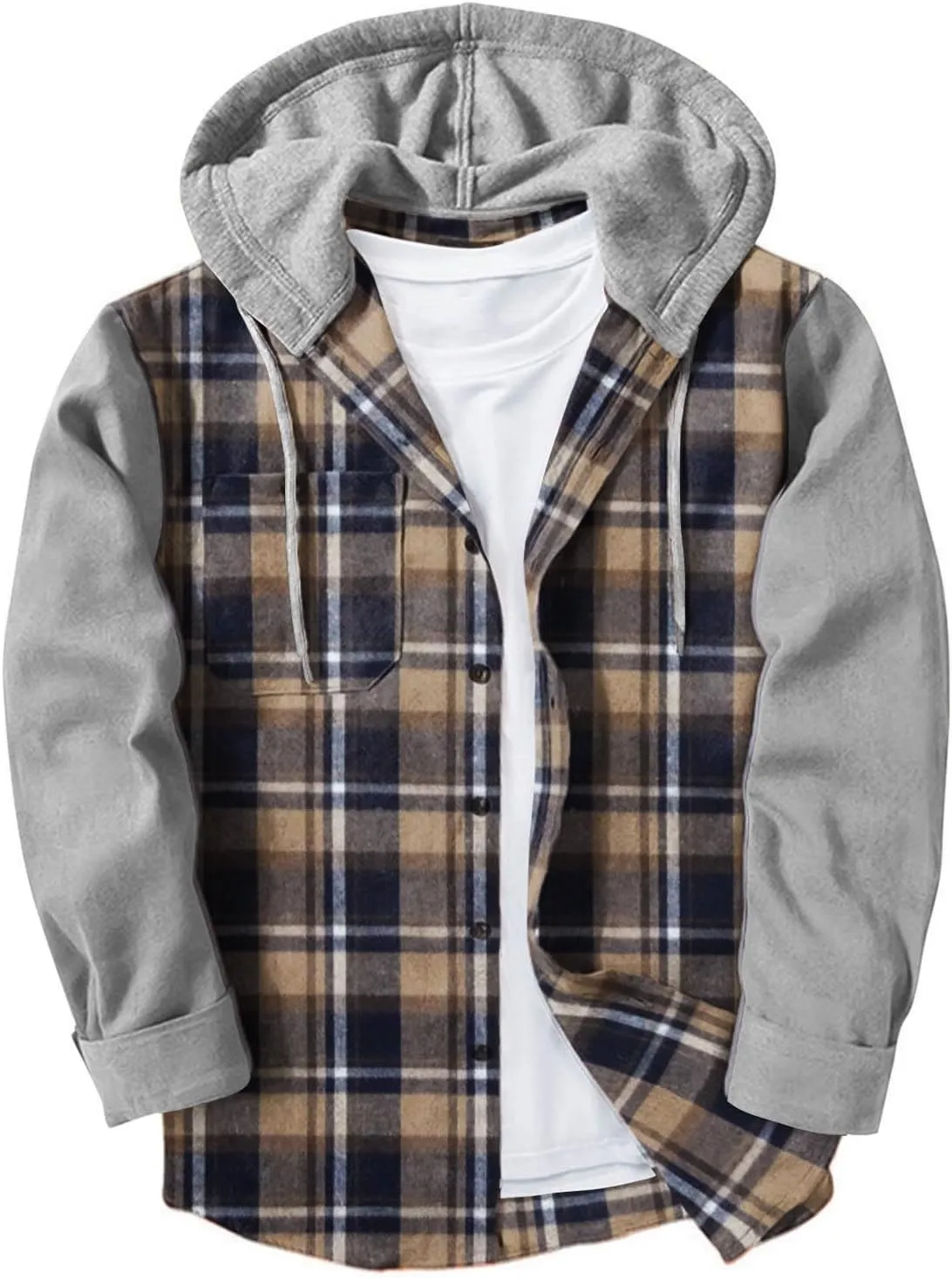 Mens Patchwork Plaid Shirt Jacket Long Sleeve Button Down Checked Hoodies Casual Flannel Shirts Outerwear Tops