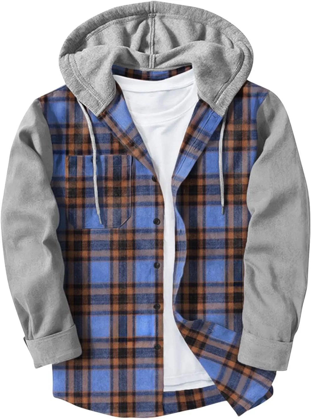 Mens Patchwork Plaid Shirt Jacket Long Sleeve Button Down Checked Hoodies Casual Flannel Shirts Outerwear Tops