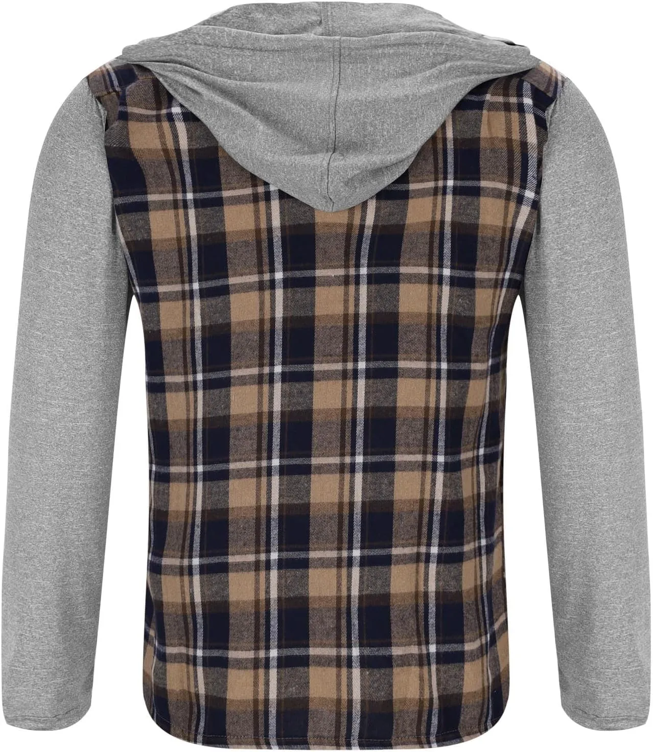 Mens Patchwork Plaid Shirt Jacket Long Sleeve Button Down Checked Hoodies Casual Flannel Shirts Outerwear Tops