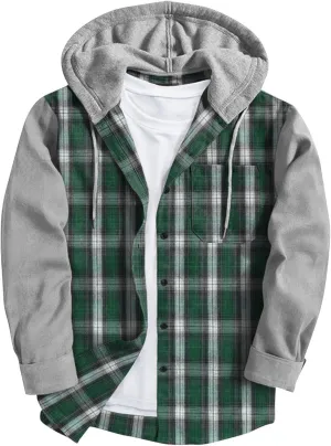 Mens Patchwork Plaid Shirt Jacket Long Sleeve Button Down Checked Hoodies Casual Flannel Shirts Outerwear Tops