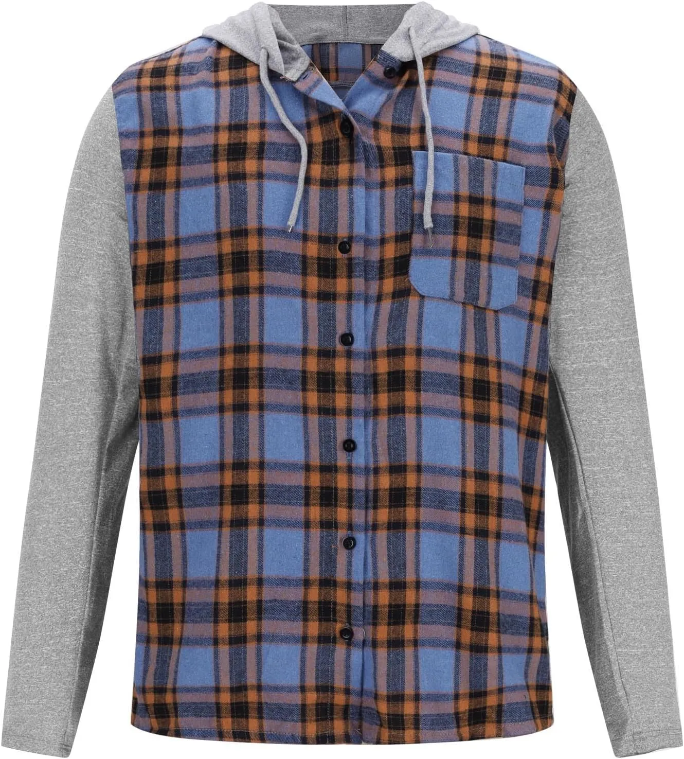 Mens Patchwork Plaid Shirt Jacket Long Sleeve Button Down Checked Hoodies Casual Flannel Shirts Outerwear Tops