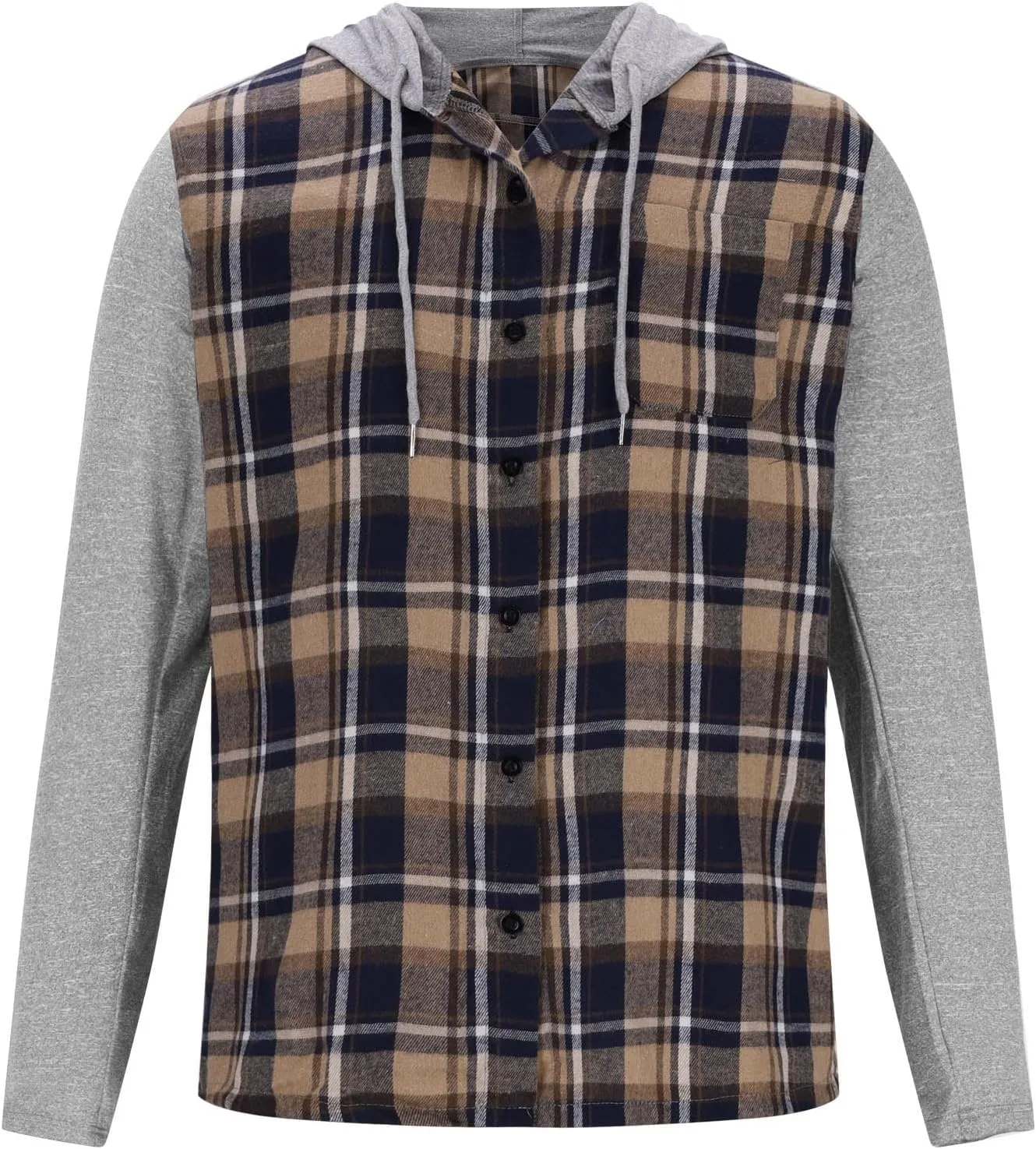 Mens Patchwork Plaid Shirt Jacket Long Sleeve Button Down Checked Hoodies Casual Flannel Shirts Outerwear Tops