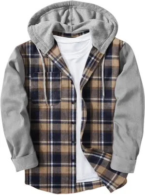 Mens Patchwork Plaid Shirt Jacket Long Sleeve Button Down Checked Hoodies Casual Flannel Shirts Outerwear Tops
