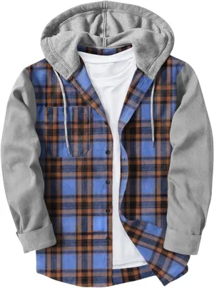 Mens Patchwork Plaid Shirt Jacket Long Sleeve Button Down Checked Hoodies Casual Flannel Shirts Outerwear Tops