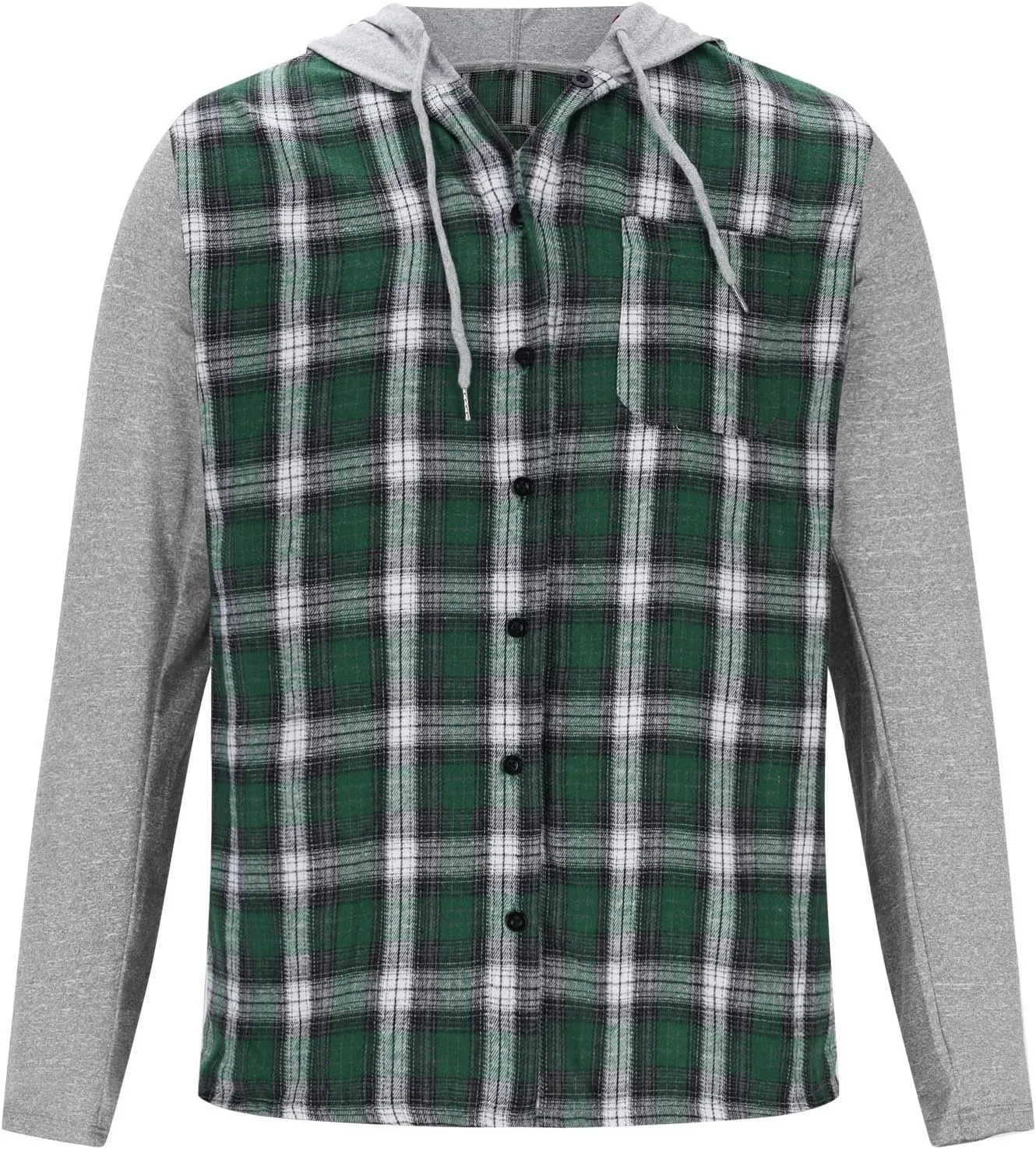 Mens Patchwork Plaid Shirt Jacket Long Sleeve Button Down Checked Hoodies Casual Flannel Shirts Outerwear Tops