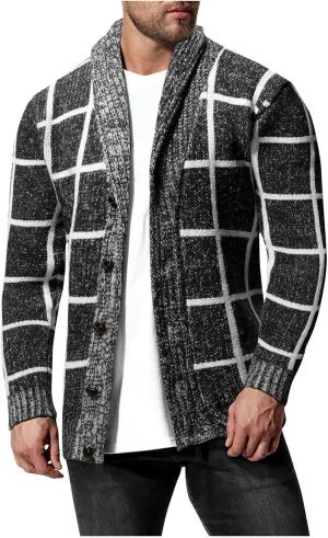 Men's Plaid Shawl Collar Cardigan Sweaters Button Down Long Sleeve Cable Knitted Coat Casual Open Front Winter Outwear