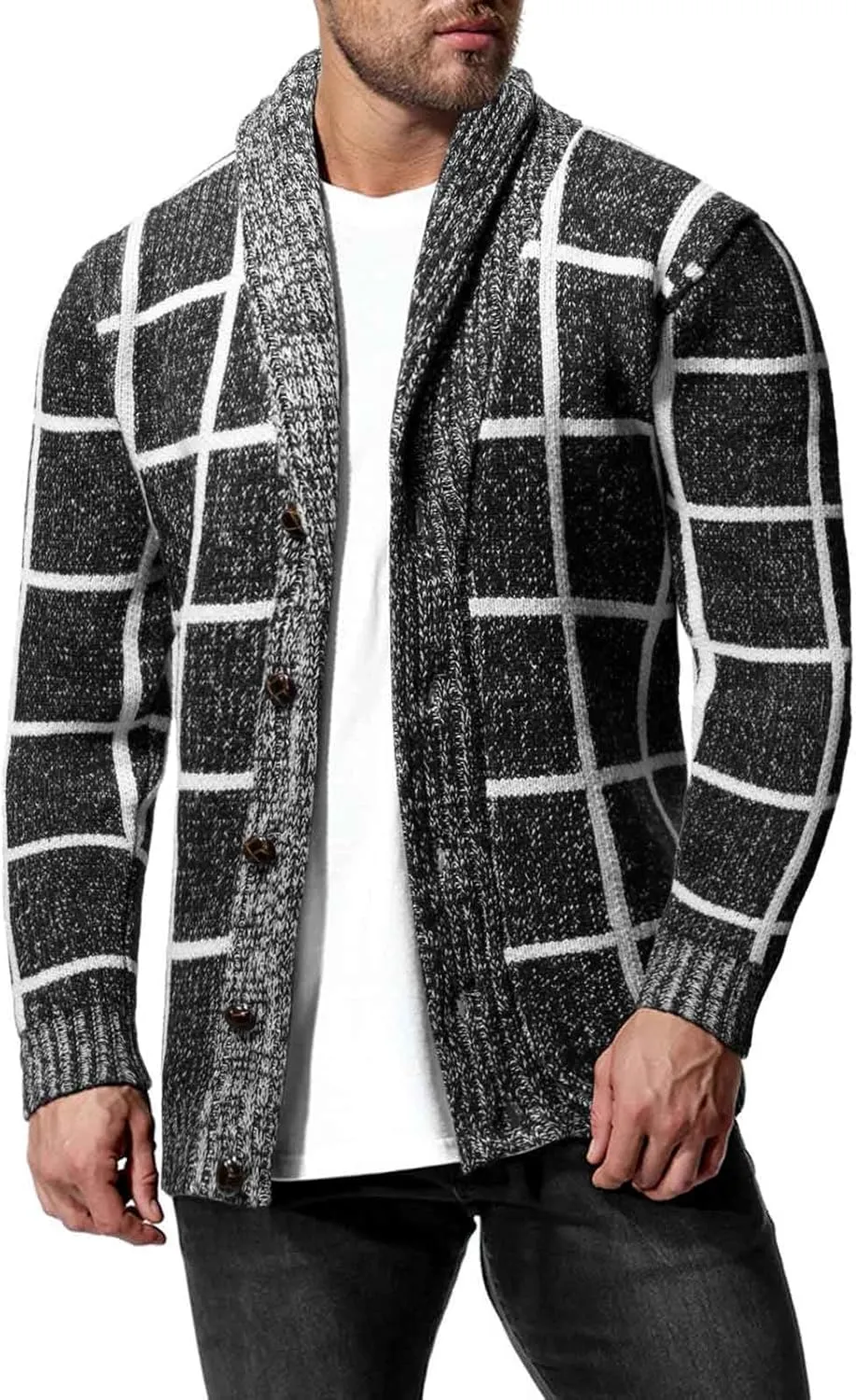 Men's Plaid Shawl Collar Cardigan Sweaters Button Down Long Sleeve Cable Knitted Coat Casual Open Front Winter Outwear